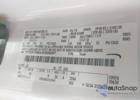 2018 Ford F-150 Xl z USA, uszkodzony, nr VIN 1FTEX1EB4JKE60267